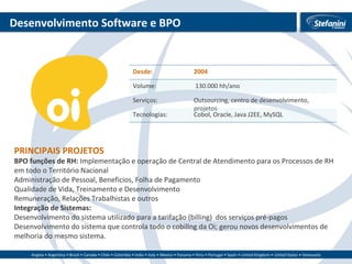Desenvolvimento Software e BPO PRINCIPAIS PROJETOS BPO funções de RH:  Implementação e operação de Central de Atendimento para os Processos de RH em todo o Território Nacional Administração de Pessoal, Beneficios, Folha de Pagamento Qualidade de Vida, Treinamento e Desenvolvimento Remuneração, Relações Trabalhistas e outros Integração de Sistemas:  Desenvolvimento do sistema utilizado para a tarifação (billing)  dos serviços pré-pagos Desenvolvimento do sistema que controla todo o cobillng da Oi; gerou novos desenvolvimentos de melhoria do mesmo sistema. Desde: 2004 Volume: 130.000 hh/ano Serviços: Outsourcing, centro de desenvolvimento, projetos Tecnologias: Cobol, Oracle, Java J2EE, MySQL 