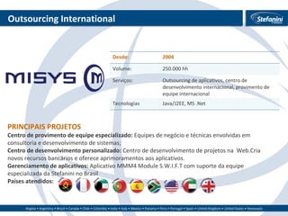 Outsourcing International PRINCIPAIS PROJETOS Centro de provimento de equipe especializado:  Equipes de negócio e técnicas envolvidas em consultoria e desenvolvimento de sistemas; Centro de desenvolvimento personalizado:  Centro de desenvolvimento de projetos na  Web.Cria novos recursos bancários e oferece aprimoramentos aos aplicativos. Gerenciamento de aplicativos:  Aplicativo MMM4 Module S.W.I.F.T com suporte da equipe especializada da Stefanini no Brasil Países atendidos: Desde: 2004 Volume: 250.000 hh Serviços: Outsourcing de aplicativos, centro de desenvolvimento internacional, provimento de equipe internacional Tecnologias Java/J2EE, MS .Net 