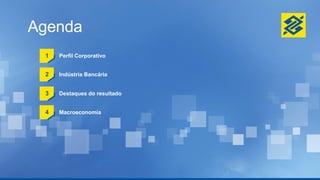 Agenda
Perfil Corporativo
1
Indústria Bancária
2
Destaques do resultado
3
Macroeconomia
4
 