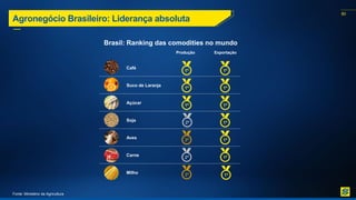 80
Agronegócio Brasileiro: Liderança absoluta
Brasil: Ranking das comodities no mundo
Café
Suco de Laranja
Açúcar
Soja
Aves
Carne
Milho
Produção Exportação
Fonte: Ministério da Agricultura
1º
1º
1º
3º
2º
3º
1º
1º
1º
1º
1º
1º
1º
2º
 