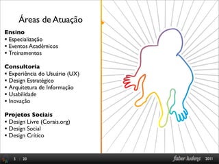 Áreas de Atuação
Ensino
• Especialização
• Eventos Acadêmicos
• Treinamentos
Consultoria
• Experiência do Usuário (UX)
• Design Estratégico
• Arquitetura de Informação
• Usabilidade
• Inovação
Projetos Sociais
• Design Livre (Corais.org)
• Design Social
• Design Crítico

   5 : 20                       2011
 