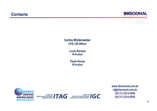 Contacts
Carlos Wollenweber
CFO | IR Officer
Lucas Bousas
IR Analyst
32
IR Analyst
Paulo Sousa
IR Analyst
www.direcional.com.br
ri@direcional.com.br
(55 31) 3214-6200
(55 31) 3214-6450
 