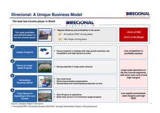 Unique Footprint
Strong footprint in markets with high growth potential, low
competition and high barriers to entry
Low competition in
profitable markets
Direcional: A Unique Business Model
The best low-income player in Brazil
The most profitable
and efficient player in
the low income sector
‘’’’‘
Highest efficiency and profitability in the sector
1st Annualized ROE¹ among peers
~25.8% of ROE
~22.6% of Net Margin
1st Net margin among peers
1
Track Record in
Operating in the Low
Income
Over 30 years of experience
Solid track record in 0-3 minimum wages projects
Low capital commitment,
solid margins and high
ROIC
Focus on Large
Scale Projects
Verticalized
Business Model
Strong expertise in large scale ventures
Own work force
Performance-based compensation
Standardized and industrialized production on-site
Large scale operations in
the low income segments,
with strict cost control and
high margins
7Source: Company Report in the 4Q10
1. Annualized ROE: Annualized Quarter’s Net Profit / Average Shareholders' Equity in the same period
2
3
4
 
