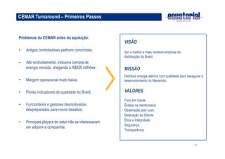 VISÃO 
MISSÃO 
Distribuir energia elétrica com qualidade para assegurar o 
desenvolvimento do Maranhão. 
20 
CEMAR Turnaround – Primeiros Passos 
Ser a melhor e mais rentável empresa de 
distribuição do Brasil. 
VALORES 
Foco em Gente 
Ênfase na meritocracia 
Obstinação pelo lucro 
Dedicação ao Cliente 
Ética e Integridade 
Segurança 
Transparência 
Problemas da CEMAR antes da aquisição: 
• Antigos controladores pediram concordata; 
• Alto endividamento, inclusive compra de 
energia vencida, chegando a R$820 milhões; 
• Margem operacional muito baixa; 
• Piores indicadores de qualidade do Brasil; 
• Funcionários e gestores desmotivados, 
despreparados para novos desafios; 
• Principais players do setor não se interessaram 
em adquirir a companhia. 
 