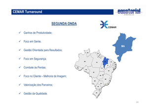 24 
CEMAR Turnaround 
SEGUNDA ONDA 
 Ganhos de Produtividade; 
 Foco em Gente; 
 Gestão Orientada para Resultados; 
 Foco em Segurança; 
 Combate às Perdas; 
 Foco no Cliente – Melhoria da Imagem; 
 Valorização dos Parceiros; 
 Gestão da Qualidade. 
MA 
RS 
SC 
AP 
PR 
SP 
MG 
GO 
MT 
AC 
AM 
RR 
RO 
PI 
BA 
MA 
PA 
TO 
CE 
RN 
PE 
AL 
SE 
MS 
RJ 
ES 
DF 
PB 
 