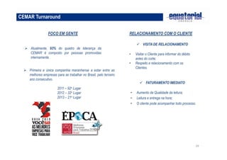 29 
CEMAR Turnaround 
FOCO EM GENTE RELACIONAMENTO COM O CLIENTE 
 Atualmente, 93% do quadro de liderança da 
CEMAR é composto por pessoas promovidas 
internamente. 
 VISITA DE RELACIONAMENTO 
• Visitar o Cliente para informar do débito 
antes do corte; 
• Respeito e relacionamento com os 
Clientes. 
 FATURAMENTO IMEDIATO 
• Aumento da Qualidade da leitura; 
• Leitura e entrega na hora; 
• O cliente pode acompanhar todo processo. 
 Primeira e única companhia maranhense a estar entre as 
melhores empresas para se trabalhar no Brasil, pelo terceiro 
ano consecutivo. 
2011 – 92o Lugar 
2012 – 32o Lugar 
2013 – 21o Lugar 
 