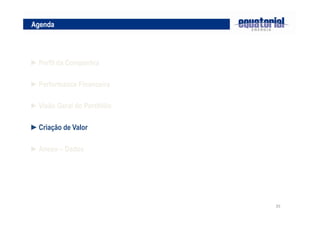35 
Agenda 
►Perfil da Companhia 
►Performance Financeira 
►Visão Geral do Portifólio 
►Criação de Valor 
►Anexo – Dados 
 
