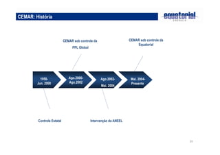 39 
CEMAR: História 
CEMAR sob controle da 
Equatorial 
1958- 
Jun. 2000 
Ago.2000- 
Ago.2002 
Ago.2002- 
Mai. 2004 
Mai. 2004- 
Presente 
Controle Estatal 
CEMAR sob controle da 
PPL Global 
Intervenção da ANEEL 
 