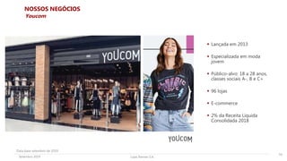 Lojas Renner S.A.Setembro 2019
NOSSOS NEGÓCIOS
 Lançada em 2013
 Especializada em moda
jovem
 Público-alvo: 18 a 28 anos,
classes sociais A-, B e C+
 96 lojas
 E-commerce
 2% da Receita Líquida
Consolidada 2018
10
Youcom
Data base setembro de 2019
 
