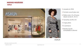 Lojas Renner S.A.Setembro 2019
NOSSOS NEGÓCIOS
 Lançada em 2016
 Formato curve & plus size
 Público-alvo: 25 a 45 anos,
classes sociais A-, B e C+
 Tamanhos: de 46 a 54
 5 lojas piloto
 E-commerce
 Receita Líquida
Consolidada na Renner
11
Ashua
Data base setembro de 2019
 