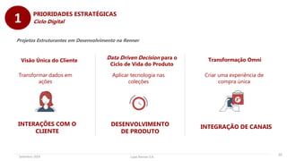 Lojas Renner S.A.Setembro 2019
Projetos Estruturantes em Desenvolvimento na Renner
Data Driven Decision para o
Ciclo de Vida do Produto
Transformação OmniVisão Única do Cliente
Transformar dados em
ações
DESENVOLVIMENTO
DE PRODUTO
Aplicar tecnologia nas
coleções
INTEGRAÇÃO DE CANAIS
Criar uma experiência de
compra única
22
PRIORIDADES ESTRATÉGICAS
Ciclo Digital1
INTERAÇÕES COM O
CLIENTE
 
