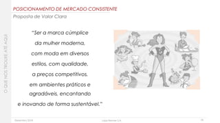 Dezembro 2018 Lojas Renner S.A.
“Ser a marca cúmplice
da mulher moderna,
com moda em diversos
estilos, com qualidade,
a preços competitivos,
em ambientes práticos e
agradáveis, encantando
e inovando de forma sustentável.”
18
POSICIONAMENTO DE MERCADO CONSISTENTE
Proposta de Valor Clara
OQUENOSTROUXEATÉAQUI
 