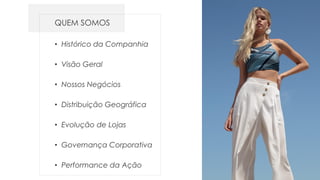 Dezembro 2018 Lojas Renner S.A. 2
QUEM SOMOS
• Histórico da Companhia
• Visão Geral
• Nossos Negócios
• Distribuição Geográfica
• Evolução de Lojas
• Governança Corporativa
• Performance da Ação
 