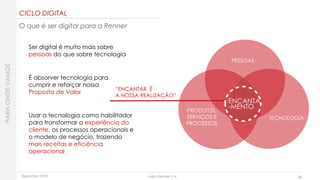 Dezembro 2018 Lojas Renner S.A. 38
TECNOLOGIA
PRODUTOS,
SERVIÇOS E
PROCESSOS
ENCANTA
-MENTO
PESSOAS
“ENCANTAR É
A NOSSA REALIZAÇÃO”
Ser digital é muito mais sobre
pessoas do que sobre tecnologia
É absorver tecnologia para
cumprir e reforçar nossa
Proposta de Valor
Usar a tecnologia como habilitador
para transformar a experiência do
cliente, os processos operacionais e
o modelo de negócio, trazendo
mais receitas e eficiência
operacional
O que é ser digital para a Renner
PARAONDEVAMOS
CICLO DIGITAL
 