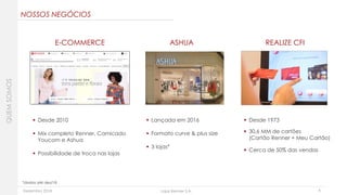 Dezembro 2018 Lojas Renner S.A.
NOSSOS NEGÓCIOS
6
 Desde 2010
 Mix completo Renner, Camicado
Youcom e Ashua
 Possibilidade de troca nas lojas
 Lançada em 2016
 Formato curve & plus size
 3 lojas*
 Desde 1973
 30,6 MM de cartões
(Cartão Renner + Meu Cartão)
 Cerca de 50% das vendas
E-COMMERCE REALIZE CFIASHUA
QUEMSOMOS
*dados até dez/18
 