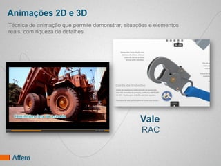 Animações 2D e 3D
Técnica de animação que permite demonstrar, situações e elementos
reais, com riqueza de detalhes.




                                                  Vale
                                                  RAC
 