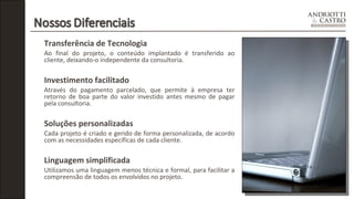 Transferência de Tecnologia 
Ao final do projeto, o conteúdo implantado é transferido ao 
cliente, deixando-o independente da consultoria. 
Investimento facilitado 
Através do pagamento parcelado, que permite à empresa ter 
retorno de boa parte do valor investido antes mesmo de pagar 
pela consultoria. 
Soluções personalizadas 
Cada projeto é criado e gerido de forma personalizada, de acordo 
com as necessidades específicas de cada cliente. 
Linguagem simplificada 
Utilizamos uma linguagem menos técnica e formal, para facilitar a 
compreensão de todos os envolvidos no projeto. 
 