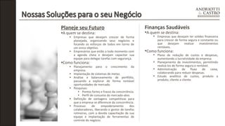 Planeje seu Futuro 
•A quem se destina: 
• Empresas que desejam crescer de forma 
planejada, organizando seus negócios e 
focando os esforços de todos em torno de 
um único objetivo. 
• Empresários que estão a todo momento com 
a agenda cheia e desejam capacitar sua 
equipe para delegar tarefas com segurança. 
•Como funciona: 
• Planejamento para o crescimento da 
empresa. 
• Implantação de sistemas de metas. 
• Análise e balanceamento de portfólio, 
passando a explorar de forma rentável 
oportunidades de mercado. 
• Pesquisas: 
• Pontos fortes e fracos da concorrência. 
• Perfil de consumo do mercado-alvo. 
• Definição de vantagens competitivas para 
que a empresa se diferencie da concorrência. 
• Processo de empoderamento dos 
colaboradores, liberando o gestor de tarefas 
rotineiras, com a devida capacitação de sua 
equipe e implantação de ferramentas de 
controle do negócio. 
Finanças Saudáveis 
•A quem se destina: 
• Empresas que desejam ter solidez financeira 
para crescer de forma segura e constante ou 
que desejam realizar investimentos 
rentáveis. 
•Como funciona: 
• Plano de redução de custos e despesas, 
aumentando a lucratividade da empresa. 
• Planejamento de investimentos, permitindo 
realizá-los de forma segura e rentável. 
• Administração de fluxo de caixa, 
colaborando para reduzir despesas. 
• Estudo analítico de custos, produto a 
produto, cliente a cliente. 
 
