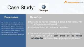 ©copyright 2018 AutomationEdge www.automationedge.com
Case Study:
Processos Desafios
• Download de Anexos em Conta de Correio;
• Realização de Download e Extratos Bradesco;
• Download Contas, Boletos e Fatura Unimed;
• Download Contas, Boletos e Fatura Clinipam;
• Ativação Sistema BATCH SISREV (3x ao dia);
• Download Arquivos VW - Diários;
• Atualização de Senhas Sistema SINCRO VW;
Uma série de rotinas voltadas a áreas Financeiras, RH,
TI e Departamento Pessoal.
Atividades diárias, alto volume e repetitivas.
A Servopa iniciou sua jornada em outubro/2018 e chegou
em julho de 2019 com mais de 20 fluxos
robotizados com sua equipe própria de automação.
 