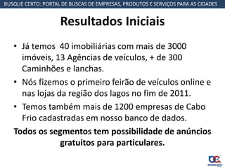 BUSQUE CERTO: PORTAL DE BUSCAS DE EMPRESAS, PRODUTOS E SERVIÇOS PARA AS CIDADES


                    Resultados Iniciais
   • Já temos 40 imobiliárias com mais de 3000
     imóveis, 13 Agências de veículos, + de 300
     Caminhões e lanchas.
   • Nós fizemos o primeiro feirão de veículos online e
     nas lojas da região dos lagos no fim de 2011.
   • Temos também mais de 1200 empresas de Cabo
     Frio cadastradas em nosso banco de dados.
   Todos os segmentos tem possibilidade de anúncios
                gratuitos para particulares.
 