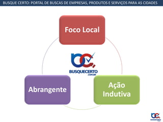BUSQUE CERTO: PORTAL DE BUSCAS DE EMPRESAS, PRODUTOS E SERVIÇOS PARA AS CIDADES




                               Foco Local




                                                     Ação
             Abrangente
                                                   Indutiva
 