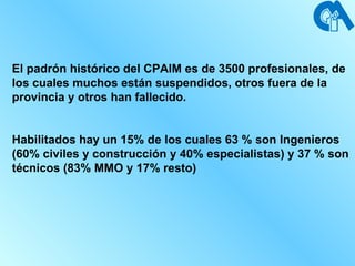 El padrón histórico del CPAIM es de 3500 profesionales, de los cuales muchos están suspendidos, otros fuera de la provincia y otros han fallecido. Habilitados hay un 15% de los cuales 63 % son Ingenieros  (60% civiles y construcción y 40% especialistas) y 37 % son técnicos (83% MMO y 17% resto) 