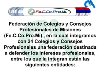 Federación de Colegios y Consejos Profesionales de Misiones (Fe.C.Co.Pro.Mi) , en la cual integramos con 24 Colegios y Consejos Profesionales una federación destinada a defender los intereses profesionales, entre los que la integran están las siguientes entidades: 
