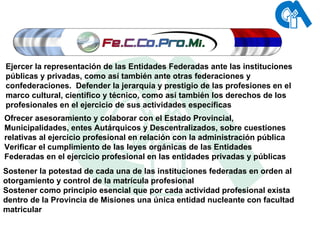 Ejercer la representación de las Entidades Federadas ante las instituciones públicas y privadas, como así también ante otras federaciones y confederaciones.  Defender la jerarquía y prestigio de las profesiones en el marco cultural, científico y técnico, como así también los derechos de los profesionales en el ejercicio de sus actividades específicas Ofrecer asesoramiento y colaborar con el Estado Provincial, Municipalidades, entes Autárquicos y Descentralizados, sobre cuestiones relativas al ejercicio profesional en relación con la administración pública Verificar el cumplimiento de las leyes orgánicas de las Entidades Federadas en el ejercicio profesional en las entidades privadas y públicas Sostener la potestad de cada una de las instituciones federadas en orden al otorgamiento y control de la matrícula profesional Sostener como principio esencial que por cada actividad profesional exista dentro de la Provincia de Misiones una única entidad nucleante con facultad matricular 