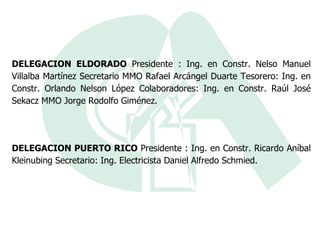 DELEGACION ELDORADO  Presidente : Ing. en Constr. Nelso Manuel Villalba Martínez Secretario MMO Rafael Arcángel Duarte Tesorero: Ing. en Constr. Orlando Nelson López Colaboradores: Ing. en Constr. Raúl José Sekacz MMO Jorge Rodolfo Giménez. DELEGACION PUERTO RICO  Presidente : Ing. en Constr. Ricardo Aníbal Kleinubing Secretario: Ing. Electricista Daniel Alfredo Schmied. 