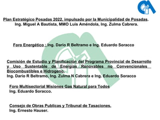 Plan Estratégico Posadas 2022, impulsado por la Municipalidad de Posadas .  Ing. Miguel A Bautista, MMO Luis Améndola, Ing. Zulma Cabrera. Foro Energético :  Ing. Darío R Beltramo e Ing. Eduardo Soracco Comisión de Estudio y Planificación del Programa Provincial de Desarrollo y Uso Sustentable de Energías Renovables no Convencionales  Biocombustibles e Hidrogeno. Ing. Darío R Beltramo, Ing. Zulma N Cabrera e Ing. Eduardo Soracco Foro Multisectorial Misiones Gas Natural para Todos Ing. Eduardo Soracco. Consejo de Obras Publicas y Tribunal de Tasaciones. Ing. Ernesto Hauser. 