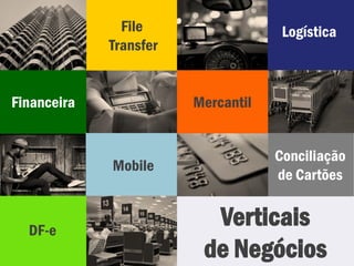 File                  Logística
             Transfer


Financeira              Mercantil


                                    Conciliação
             Mobile
                                    de Cartões


  DF-e
                          Verticais
                         de Negócios
 