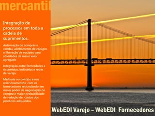 Integração de
processos em toda a
cadeia de
suprimentos.
Automação de compras e
vendas, alinhamento de códigos
e liberação de equipes para
atividades de maior valor
agregado

Integração entre forncedores e
sistemistas, indústrias e redes
de varejo.

Melhoria no contato e nos
relacionamentos com os
fornecedores redundando em
maior poder de negociação de
compra e maior probabilidade
de redução de custos dos
produtos adquiridos.


                                  WebEDI Varejo – WebEDI Fornecedores
 
