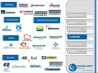 Indústria



                                      QUEM SOMOS

 Saneamento   Petróleo/Petroquímica
                                      EQUIPE


                                      PRODUTOS


                                      CLIENTES
   Saúde

                                      CONQUISTAS


                                      CONTATO


 Serviços
 