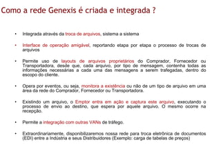 Como a rede Genexis é criada e integrada ?

   •   Integrada através da troca de arquivos, sistema a sistema

   •   Interface de operação amigável, reportando etapa por etapa o processo de trocas de
       arquivos

   •   Permite uso de layouts de arquivos proprietários do Comprador, Fornecedor ou
       Transportadora, desde que, cada arquivo, por tipo de mensagem, contenha todas as
       informações necessárias a cada uma das mensagens a serem trafegadas, dentro do
       escopo do cliente.

   •   Opera por eventos, ou seja, monitora a existência ou não de um tipo de arquivo em uma
       área da rede do Comprador, Fornecedor ou Transportadora.

   •   Existindo um arquivo, o Emptor entra em ação e captura este arquivo, executando o
       processo de envio ao destino, que espera por aquele arquivo. O mesmo ocorre na
       recepção.

   •   Permite a integração com outras VANs de tráfego.

   •   Extraordinariamente, disponibilizaremos nossa rede para troca eletrônica de documentos
       (EDI) entre a Indústria e seus Distribuidores (Exemplo: carga de tabelas de preços)
 