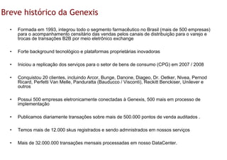 Breve histórico da Genexis
  •   Formada em 1993, integrou todo o segmento farmacêutico no Brasil (mais de 500 empresas)
      para o acompanhamento censitário das vendas pelos canais de distribuição para o varejo e
      trocas de transações B2B por meio eletrônico exchange

  •   Forte background tecnológico e plataformas proprietárias inovadoras

  •   Iniciou a replicação dos serviços para o setor de bens de consumo (CPG) em 2007 / 2008

  •   Conquistou 20 clientes, incluindo Arcor, Bunge, Danone, Diageo, Dr. Oetker, Nivea, Pernod
      Ricard, Perfetti Van Melle, Panduratta (Bauducco / Visconti), Reckitt Benckiser, Unilever e
      outros

  •   Possui 500 empresas eletronicamente conectadas à Genexis, 500 mais em processo de
      implementação

  •   Publicamos diariamente transações sobre mais de 500.000 pontos de venda auditados .

  •   Temos mais de 12.000 skus registrados e sendo admnistrados em nossos serviços

  •   Mais de 32.000.000 transações mensais processadas em nosso DataCenter.
 