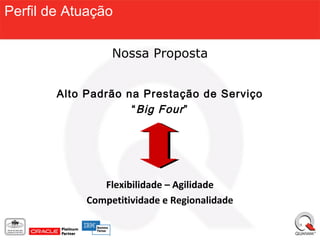 Perfil de Atuação

                  Nossa Proposta


        Alto Padrão na Prestação de Serviço
                     “ Big Four ”




                Flexibilidade – Agilidade
             Competitividade e Regionalidade
 