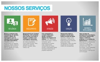 NOSSOS SERVIÇOS

Busca o endosso dos
formadores de opinião,
online e offline, às
mensagens que os
clientes querem passar
via mídia espontânea.
Trabalha com as
ferramentas de relações
públicas, media relations,
assessoria de imprensa,
PR 2.0, gestão de crises,
treinamentos etc.

Responsável por
Content Marketing, cria
conteúdo para marcas,
de modo a engajar o
público com mensagens
relevantes. Usa diversas
plataformas de mídia
proprietária, como redes
sociais, Web, aplicativos,
Internet, jornais, revistas,
rádio, vídeos, etc.

Cria campanhas e
compra mídia para
ajudar a atingir o
objetivo de negócio do
cliente – dar visibilidade
para canal online, viralizar
conteúdo, gerar
awareness ou vender
mais. Desenvolve
campanhas em redes
sociais, publicidade digital,
formatos tradicionais e
projetos especiais.

Desenvolve ideias e
projetos visuais para
todas as áreas da Ideal.
Garante o design mais
adequado e eficiente de
todas formas de conteúdo,
press kits e data
visualization, além de estar
na gênese do conceito
criativo de campanhas.

Atua na fase do
planejamento estratégico,
com busca referências,
dados e melhores
práticas; e na medida de
performance – garantindo a
obtenção de resultados de
forma eficiente, com
métricas e análises de
primeira linha. Usa
tecnologia, como softwares
de monitoramento e
desempenho, a serviço da
comunicação.

 