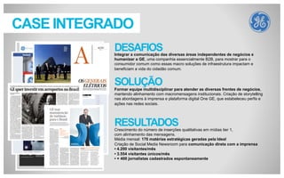 CASE INTEGRADO
DESAFIOS
Integrar a comunicação das diversas áreas independentes de negócios e
humanizar a GE, uma companhia essencialmente B2B, para mostrar para o
consumidor comum como essas macro soluções de infraestrutura impactam e
beneficiam a vida do cidadão comum.

SOLUÇÃO
Formar equipe multidisciplinar para atender as diversas frentes de negócios,
mantendo alinhamento com macromensagens institucionais. Criação de storytelling nas
abordagens à imprensa e plataforma digital One GE, que estabeleceu perfis e ações
nas redes sociais.

RESULTADOS
Crescimento do número de inserções qualitativas em mídias tier 1,
com alinhamento das mensagens.
Média mensal: 170 matérias estratégicas geradas pela Ideal
Criação de Social Media Newsroom para comunicação direta com a imprensa
• 4.200 visitantes/mês
• 3.554 visitantes únicos/mês
• + 400 jornalistas cadastrados espontaneamente

 