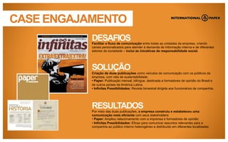CASE ENGAJAMENTO
DESAFIOS
Facilitar o fluxo de comunicação entre todas as unidades da empresa, criando
canais personalizados para atender à demanda de informação interna e de diferentes
setores da sociedade – inclui ás iniciativas de responsabilidade social.

SOLUÇÃO
Criação de duas publicações como veículos de comunicação com os públicos da
empresa, com viés de sustentabilidade.
• Paper: Publicação mensal, bilíngue, destinada a formadores de opinião do Brasil e
de outros países da América Latina.
• Infinitas Possibilidades: Revista bimestral dirigida aos funcionários da companhia.

RESULTADOS
Por meio das duas publicações, a empresa construiu e estabeleceu uma
comunicação mais eficiente com seus stakeholders:
• Paper: Ampliou relacionamento com a imprensa e formadores de opinião
• Infinitas Possibilidades: Eficaz para comunicar assuntos relevantes para a
companhia ao público interno heterogêneo e distribuído em diferentes localidades

 
