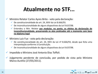 Atualmente no STF...
      Ministro Relator Carlos Ayres Brito - voto pela declaração:
          De constitucionalidade do art. 24, XXIV da Lei 8.666/93.
          De inconstitucionalidade de alguns dispositivos da Lei 9.637/98.
          Entendeu o Min. Relator por modular, no ponto, os efeitos da declaração de
           inconstitucionalidade, preservando os atos praticados até o momento com base
           no diploma legal.

      Ministro Luiz Fux - voto pela declaração:
          De constitucionalidade do art. 24, XXIV da Lei nº 8.666/93, desde que feita uma
           interpretação conforme à Constituição.
          De inconstitucionalidade de alguns dispositivos da Lei 9.637/98.

      Impedido o Ministro José Antonio Dias Toffoli.
      Julgamento pendente de conclusão, por pedido de vista pelo Ministro
       Marco Aurélio (27/05/2011).


16
 