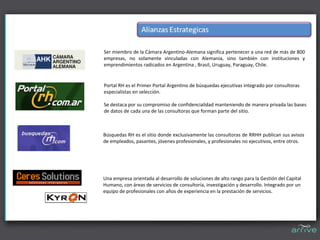 Ser miembro de la Cámara Argentino‐Alemana significa pertenecer a una red de más de 800 
empresas,  no  solamente  vinculadas  con  Alemania,  sino  también  con  instituciones  y 
emprendimientos radicados en Argentina , Brasil, Uruguay, Paraguay, Chile.


Portal RH es el Primer Portal Argentino de búsquedas ejecutivas integrado por consultoras 
especialistas en selección. 

Se destaca por su compromiso de confidencialidad manteniendo de manera privada las bases 
de datos de cada una de las consultoras que forman parte del sitio. 



Búsquedas RH es el sitio donde exclusivamente las consultoras de RRHH publican sus avisos 
de empleados, pasantes, jóvenes profesionales, y profesionales no ejecutivos, entre otros.




Una empresa orientada al desarrollo de soluciones de alto rango para la Gestión del Capital 
Humano, con áreas de servicios de consultoría, investigación y desarrollo. Integrado por un 
equipo de profesionales con años de experiencia en la prestación de servicios.
 