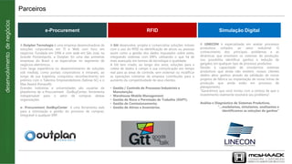 e-Procurement RFID Simulação Digital
A Outplan Tecnologia é uma empresa desenvolvedora de
soluções corporativas em TI e Web com foco em
negócios. Fundada em 1996 e com sede em São José, na
Grande Florianópolis, a Outplan foi uma das primeiras
empresas do Brasil a se especializar no segmento de
negócios eletrônicos.
Com larga experiência no desenvolvimento de soluções
sob medida, como portais corporativos e intranets, ao
longo de sua trajetória, conquistou reconhecimento em
prêmios com o Talentos Empreendedores (Sebrae-SC) e o
Max Award (Fenasoft).
Grandes indústrias e universidades são usuárias da
plataforma de e-Procurement OutBuyCenter, ferramenta
indispensável para o setor de compras destas
organizações.
e- Procurement OutBuyCenter é uma ferramenta web
para a otimização e gestão do processo de compras,
integrável à qualquer ERP.
A Gtt desenvolve, projeta e comercializa soluções móveis
com o uso do RFID na identificação de ativos ou pessoas
assim como a gestão dos dados imputados sobre estes,
integrando sistemas com ERPs, utilizando o que há de
mais avançado em termos de tecnologia e qualidade.
A Gtt tem criado, ao longo dos anos, soluções para a
coleta de dados à campo e sua comunicação em tempo
real para as áreas de controle, sem violentar ou modificar
as operações rotineiras da empresa contribuído para o
aumento da competitividade de seus clientes.
• Gestão / Controle de Processos Industriais e
Manutenção;
• Warehouse Mobile Management;
• Gestão de Risco e Permissão de Trabalho (SGPT);
• Gestão de Comissionamento;
• Gestão de Ativos e Inventários.
A LINECON é especializada em avaliar processos
produtivos voltados ao setor industrial. O
conhecimento dos principais problemas e as
dinâmicas que envolvem os sistemas de produção,
nos possibilita identificar ganhos e redução de
gargalos em qualquer tipo de processo produtivo.
Devido à capacidade de simularmos sistemas
produtivos que ainda não existem, nossos clientes
obtêm altos ganhos através da validação de novos
projetos de fábrica ou implantação de novas linhas de
produção que ainda estão em processo de
planejamento.
“Garantimos que você invista com a certeza de que o
investimento realmente resolverá seu problema”.
Análise e Diagnóstico de Sistemas Produtivos.
“...modelamos, simulamos, analisamos e
identificamos as soluções de ganhos”
Parceirosconsultoria|outsourcing|desenvolvimentodenegócios
 