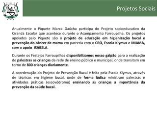 Projetos Sociais


Anualmente o Piquete Marca Gaúcha participa do Projeto socioeducativo da
Ciranda Escolar que acontece durante o Acampamento Farroupilha. Os projetos
apoiados pelo Piquete são o projeto de educação em higienização bucal e
prevenção do câncer de mama em parceria com o CRO, Escola Klymus e IMAMA,
com o apoio ISABELA.

Durante os Festejos Farroupilhas disponibilizamos nosso galpão para a realização
de palestras as crianças da rede de ensino público e municipal, onde transitam em
torno de 800 crianças diariamente.
A coordenação do Projeto de Prevenção Bucal é feita pela Escola Klymus, através
de técnicos em higiene bucal, onde de forma lúdica ministram palestras e
atividades práticas (escovódromo) ensinando as crianças a importância da
prevenção da saúde bucal.
 