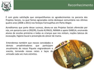 Reconhecimento


É com grata satisfação que compartilhamos os agradecimentos na parceria dos
Projetos Sociais, na qual fomos agraciados como destaque comunitário nos últimos
quatro anos (2008 a 2011) nos festejos Farroupilhas em Porto Alegre.

Acreditamos que parte desse sucesso, deveu-se aos Projetos Sociais oferecido por
nós, em parceria com o CRO/RS, Escola KLYMUS, IMAMA e apoio ISABELA, ensinando
alunos de escolas primárias e todas as crianças que nos visitam, noções básicas de
escovação, higiene bucal e prevenção do câncer de mama.

Entendemos também que nossos convidados e
demais amadrinhadores que participam
anualmente do nosso Piquete engrandecem o
evento, tornando nossas raízes e laços de
amizade cada vez mais estreitos.
 