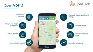 Open MOBILE
Comunicação
Facilitada
Captura de imagem da confirmação
entrega
Interação para redução
de devoluções Gestão de Entregas
Interface amigável Gestão de Ocorrências
on-line
Rastreio on-line e
posicionamento geográfico Integrações com sistemas
 