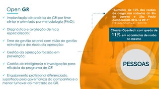 Open GR
 Implantação de projetos de GR por time
sênior e orientado por metodologia (PMO);
 Diagnóstico e avaliação de risco
especializado;
 Time de gestão setorial com visão de gestão
estratégica dos riscos da operação;
 Gestão da operação focada em
prevenção;
 Gestão de inteligência e investigação para
eficácia do programa de GR
 Engajamento profissional diferenciado,
suportado pela governança da companhia e o
menor turnover do mercado de GR.
“Aumento de 10% dos roubos
de carga nas rodovias do Rio
de Janeiro e São Paulo
comparando 2016 vs 2017”
Folha de São Paulo, 13/01/18
Clientes Opentech com queda
de 11% em ocorrências de
roubo no mesmo período
Clientes Opentech com queda de
11% em ocorrências de roubo
no mesmo
 
