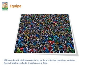 Milhares de articuladores conectados na Rede: clientes, parceiros, usuários...
Quem trabalha em Rede, trabalha com a Rede.
 