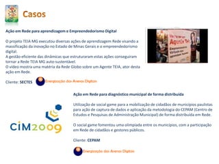Ação em Rede para aprendizagem e Empreendedorismo Digital
O projeto TEIA MG executou diversas ações de aprendizagem Rede visando a
massificação da inovação no Estado de Minas Gerais e o empreendedorismo
digital.
A gestão eficiente das dinâmicas que estruturaram estas ações conseguiram
tornar a Rede TEIA MG auto-sustentável.
O vídeo mostra uma matéria da Rede Globo sobre um Agente TEIA, ator desta
ação em Rede.
Cliente: SECTES
Ação em Rede para diagnóstico municipal de forma distribuída
Utilização de social game para a mobilização de cidadãos de municípios paulistas
para ação de captura de dados e aplicação da metodologia do CEPAM (Centro de
Estudos e Pesquisas de Administração Municipal) de forma distribuída em Rede.
O social game fomentou uma olimpíada entre os municípios, com a participação
em Rede de cidadãos e gestores públicos.
Cliente: CEPAM
 