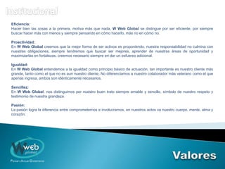 Eficiencia:
Hacer bien las cosas a la primera, motiva más que nada, W Web Global se distingue por ser eficiente, por siempre
buscar hacer más con menos y siempre pensando en cómo hacerlo, más no en cómo no.
Proactividad:
En W Web Global creemos que la mejor forma de ser activos es proponiendo, nuestra responsabilidad no culmina con
nuestras obligaciones, siempre tendremos que buscar ser mejores, aprender de nuestras áreas de oportunidad y
maximizarlas en fortalezas, creemos necesario siempre en dar un esfuerzo adicional.
Igualdad:
En W Web Global entendemos a la igualdad como principio básico de actuación, tan importante es nuestro cliente más
grande, tanto como el que no es aun nuestro cliente, No diferenciamos a nuestro colaborador más veterano como el que
apenas ingresa, ambos son idénticamente necesarios.
Sencillez:
En W Web Global, nos distinguimos por nuestro buen trato siempre amable y sencillo, símbolo de nuestro respeto y
testimonio de nuestra grandeza.
Pasión:
La pasión logra la diferencia entre comprometernos e involucrarnos, en nuestros actos va nuestro cuerpo, mente, alma y
corazón.
 