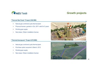 Growth projects
“Thermal São Paulo” Project (550 MW)


Natural
N t l gas combined cycle th
bi d
l thermal plant
l l t



Previous license granted in Oct, 2011 valid for 5 years



Pending gas supply



Next steps: Obtain installation license

“Thermal Araraquara” Project (579 MW)


Natural gas combined cycle thermal plant



Purchase option acquired in March, 2012



Pending gas supply



Next steps: Obtain installation license

18

 